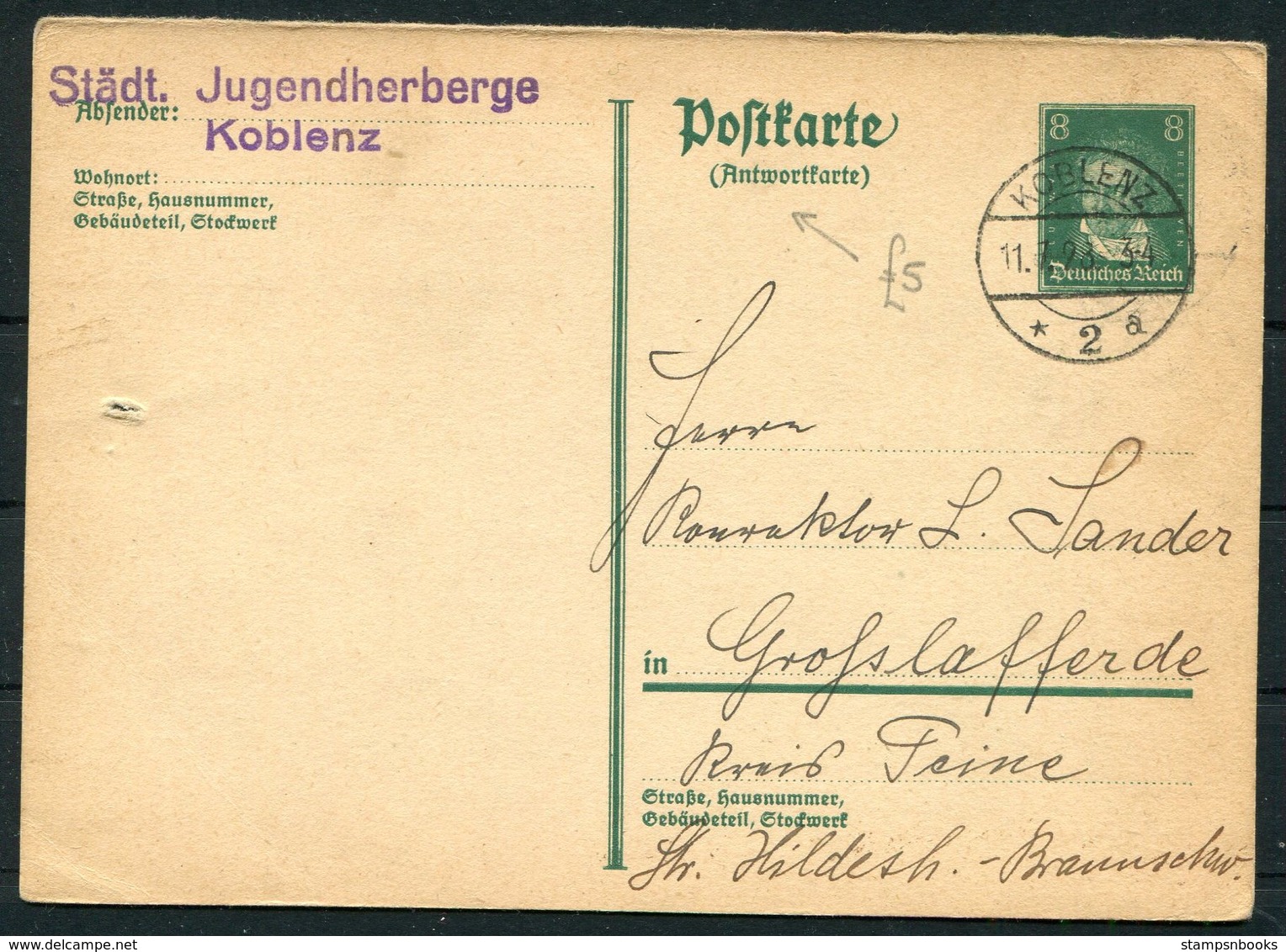 1928 Germany Beethoven Stationery Replycard. Koblenz Jugendherberge - Covers & Documents