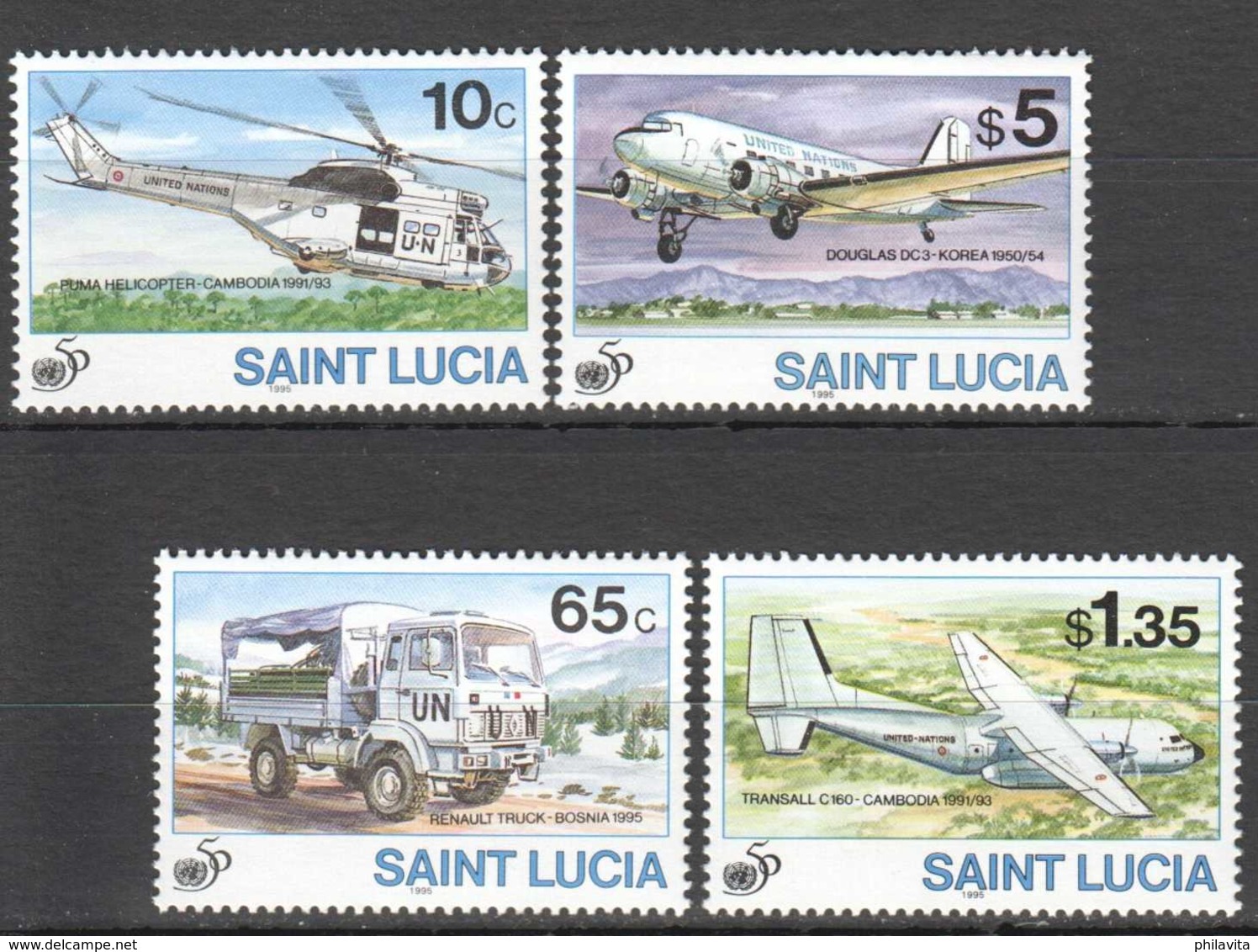 1995 St.Lucia - 50 Years Of UN MNH** MiNr. 1033 - 1036 (kk) Helicopter, Jet, Trucks,  Aircraft - St.Lucia (1979-...)