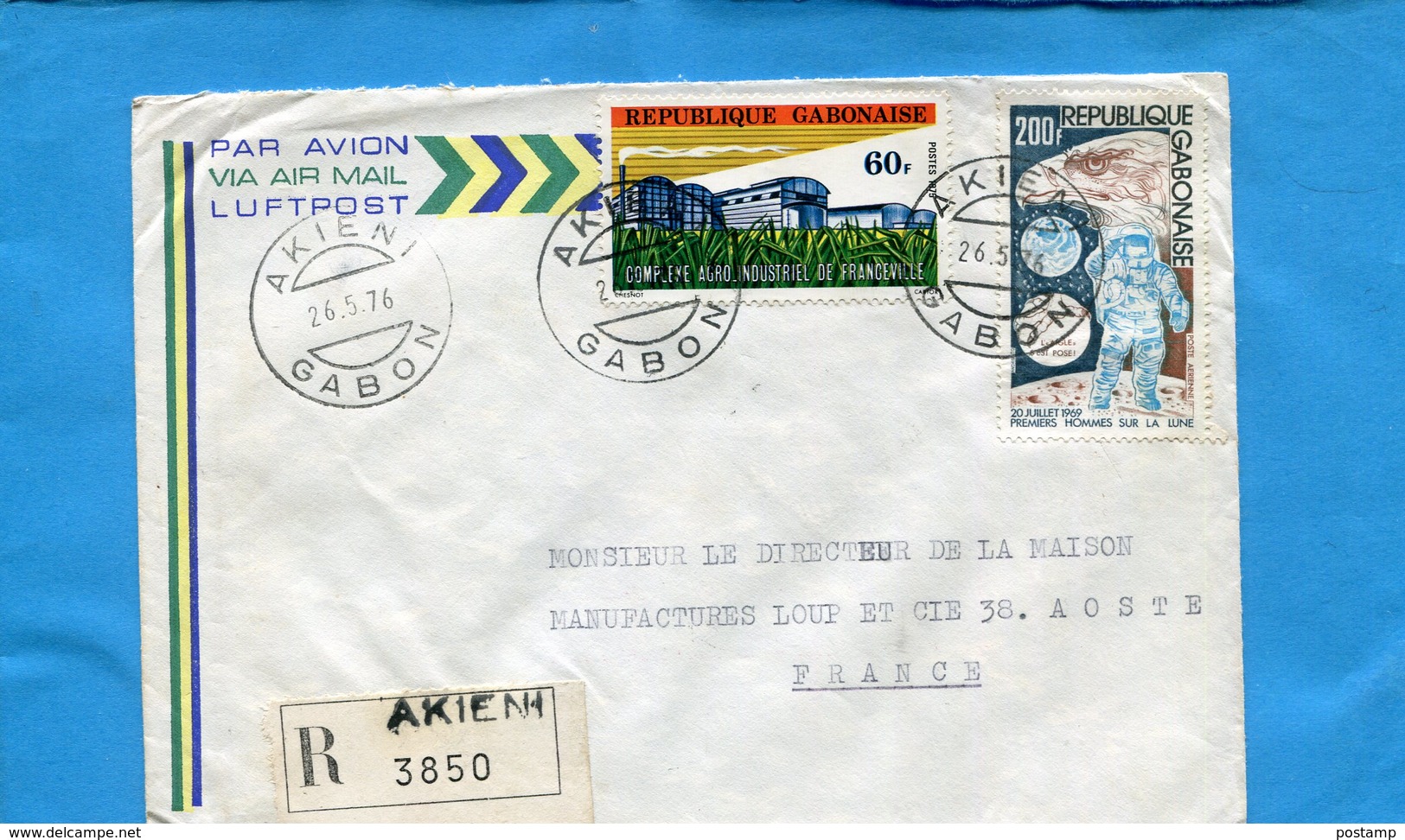 MARCOPHILIE-Gabon-lettre REC >Françe-cad-akieni-1976-2-stamp N°A144-first Man On The Moon - Gabon (1960-...)