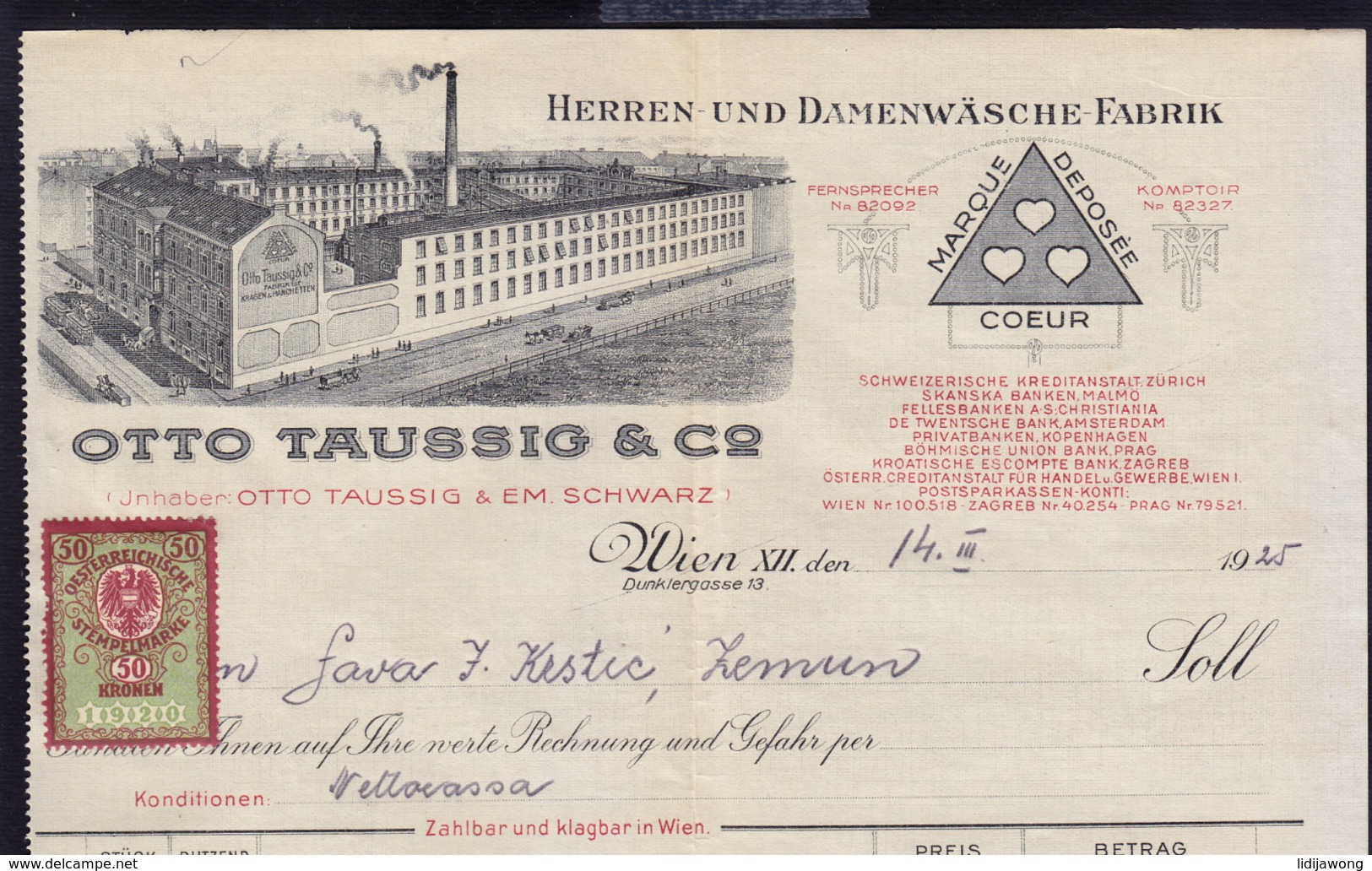 AUSTRIA WIEN - OTTO TAUSSIG - INVOICE RECHNUNG FAKTURA 1925 (see Sales Conditions) - Autriche