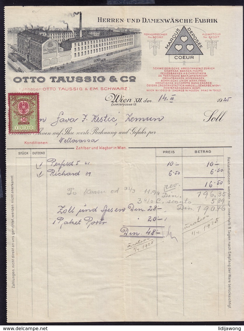 AUSTRIA WIEN - OTTO TAUSSIG - INVOICE RECHNUNG FAKTURA 1925 (see Sales Conditions) - Autriche