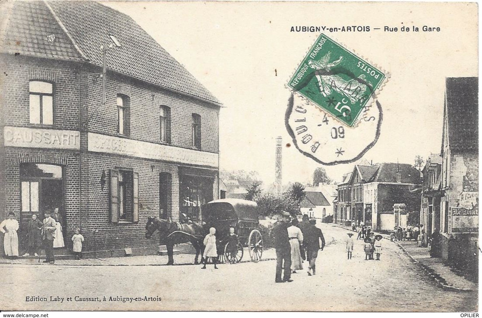 Aubigny An Artois Rue De La Gare Animée Voiture Chavel Charette Convoyeur Ligne Boulogne à Arras 1909 - Aubigny En Artois