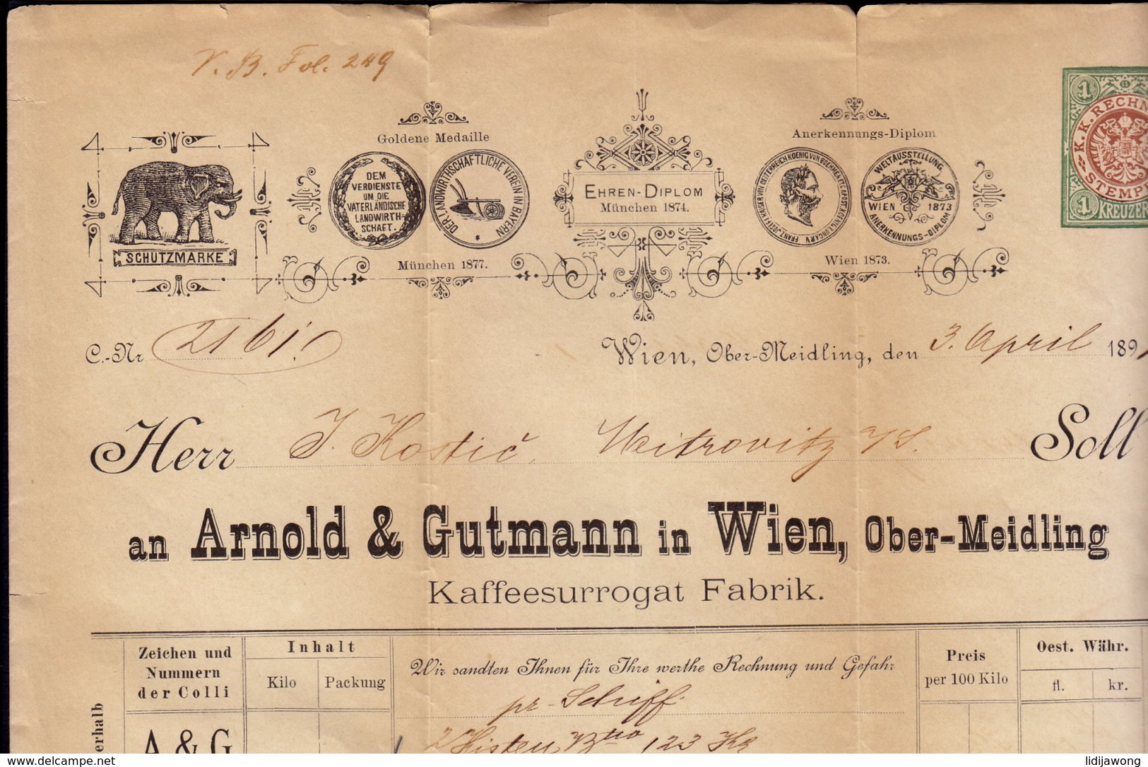 AUSTRIA WIEN - ARNOLD & GUTMANN - INVOICE RECHNUNG FAKTURA 1891 (see Sales Conditions) - Oostenrijk