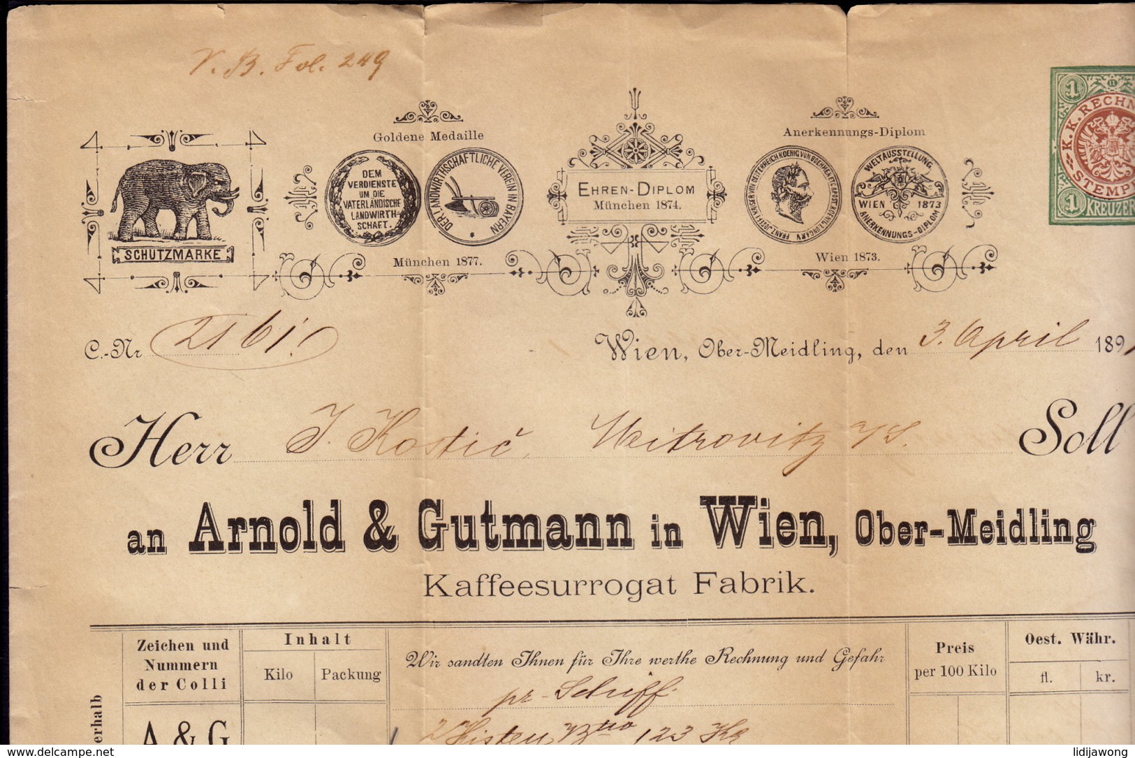 AUSTRIA WIEN - ARNOLD & GUTMANN - INVOICE RECHNUNG FAKTURA 1891 (see Sales Conditions) - Autriche