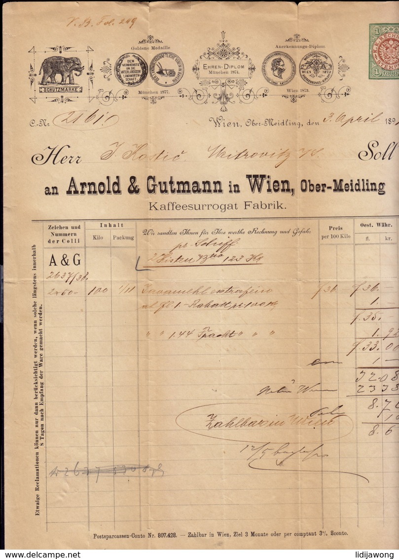 AUSTRIA WIEN - ARNOLD & GUTMANN - INVOICE RECHNUNG FAKTURA 1891 (see Sales Conditions) - Autriche