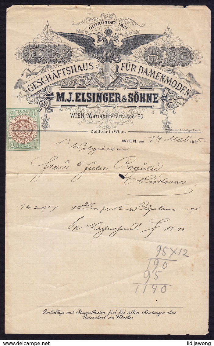 AUSTRIA WIEN - M. J. ELSINGER - INVOICE RECHNUNG FAKTURA 1895 (see Sales Conditions) - Autriche