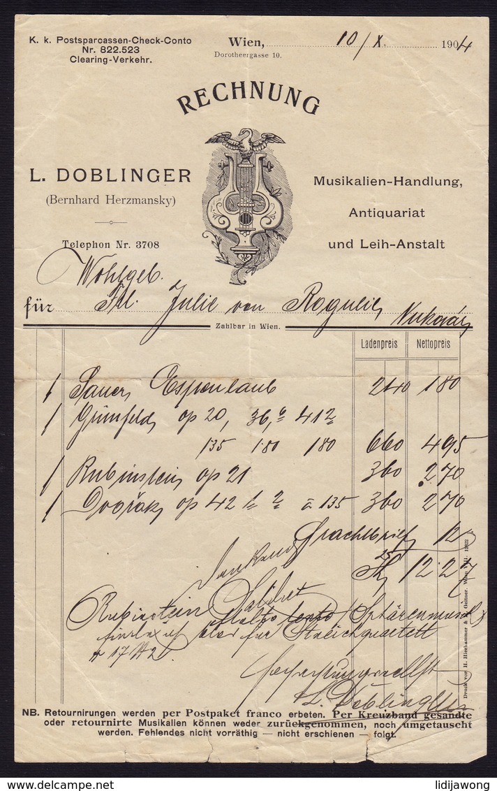 AUSTRIA WIEN - DOBLINGER - INVOICE RECHNUNG FAKTURA 1904 (see Sales Conditions) - Autriche
