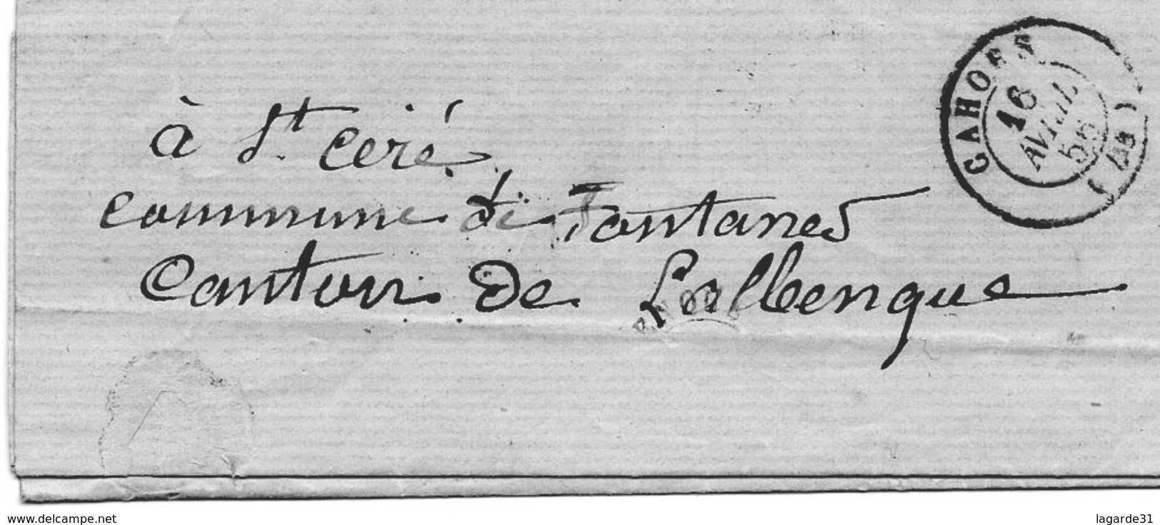 LAC De SARLAT (24) Pour CAHORS (46) 15 Avril 1856 - CAD Rond Type 15 - Taxe Double Trait 30 - 1849-1876: Période Classique