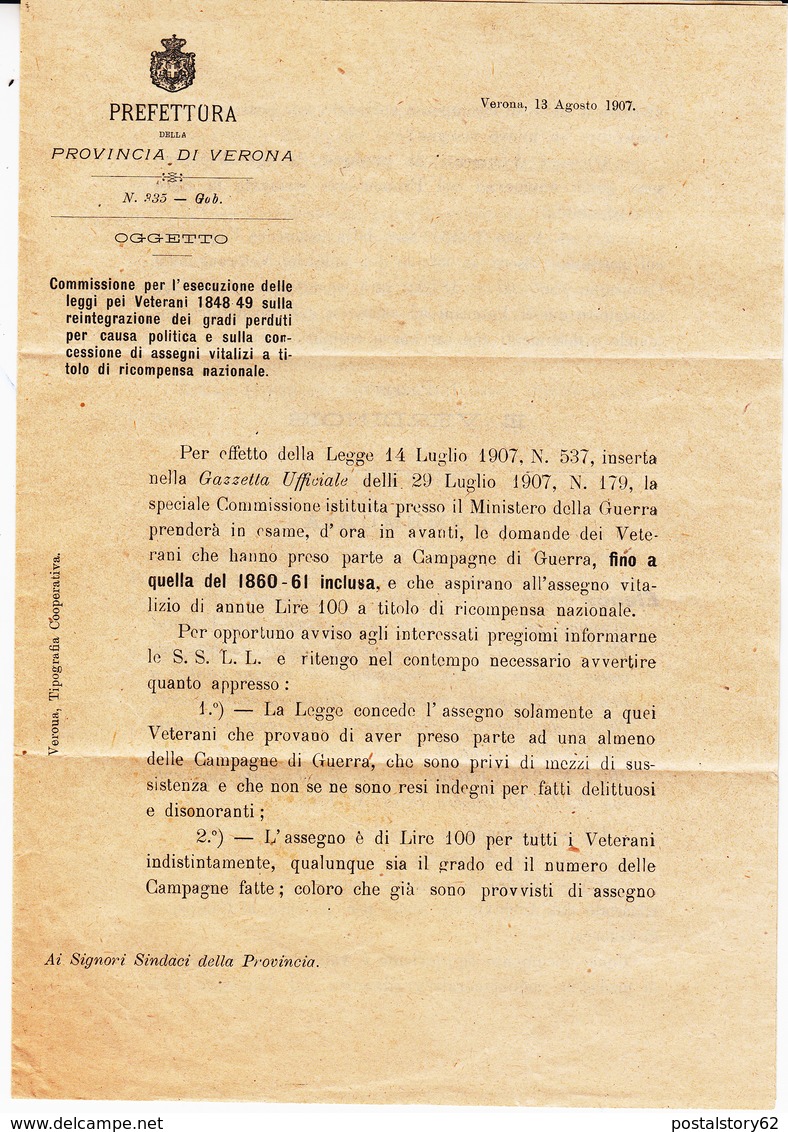 Verona, Per Zevio. Norme Per La Concessione Ai Veterani Di Guerra Del 1860 - 1861   Assegno Vitalizio. 1907 - Decreti & Leggi