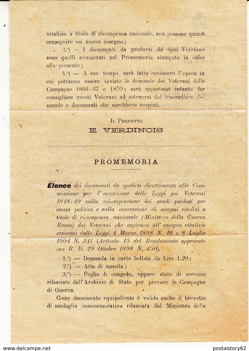 Verona, Per Zevio. Norme Per La Concessione Ai Veterani Di Guerra Del 1860 - 1861   Assegno Vitalizio. 1907 - Decreti & Leggi