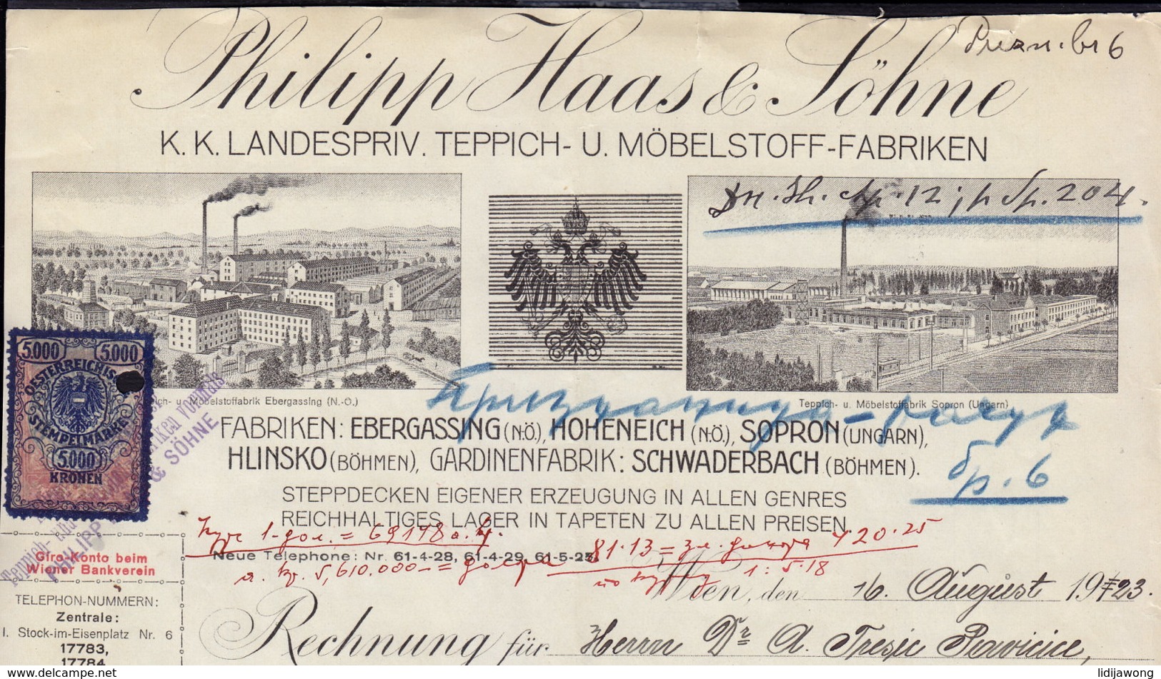 EBERGASSING HOHENEICH SOPRON HLINSKO - INVOICE RECHNUNG FAKTURA 1923 (see Sales Conditions) - Austria