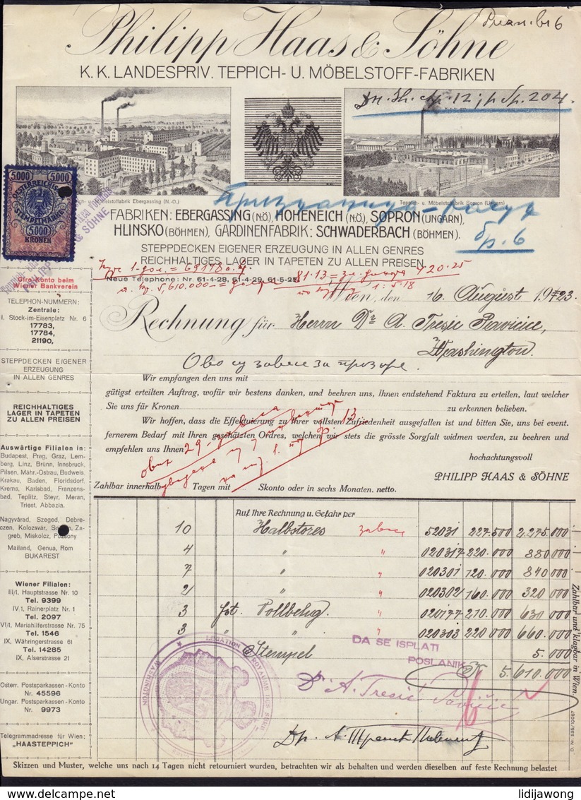 EBERGASSING HOHENEICH SOPRON HLINSKO - INVOICE RECHNUNG FAKTURA 1923 (see Sales Conditions) - Autriche