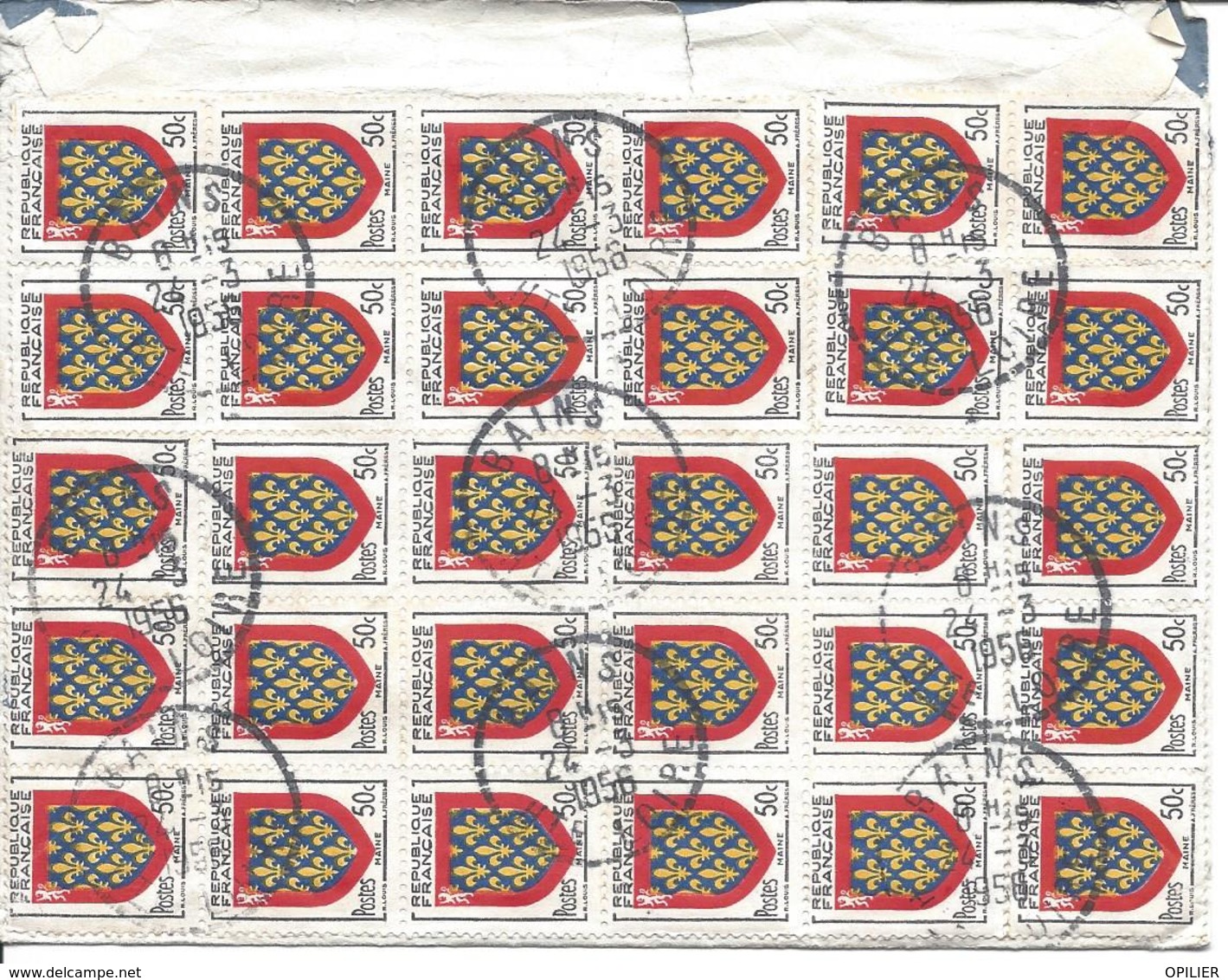 Cachet Bureau Distribution De BAINS HAUTE LOIRE 1956 Affranchissement Au Verso 30 Timbres 50c Blason Du Maine N°999 - Handstempel