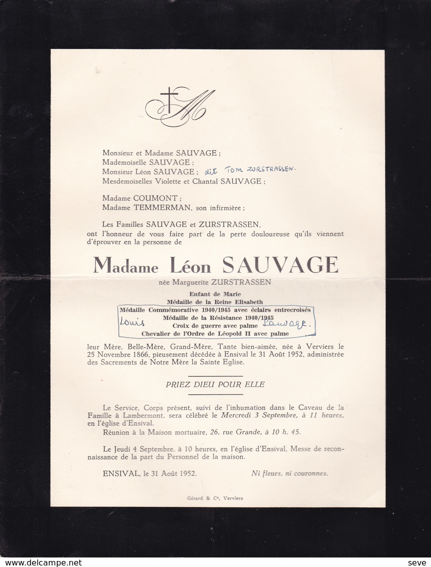 14-18 Médaille De La Reine Elisabeth Marguerite Zurstrassen épouse Léon SAUVAGE Verviers 1866 Ensival 1952 - Décès