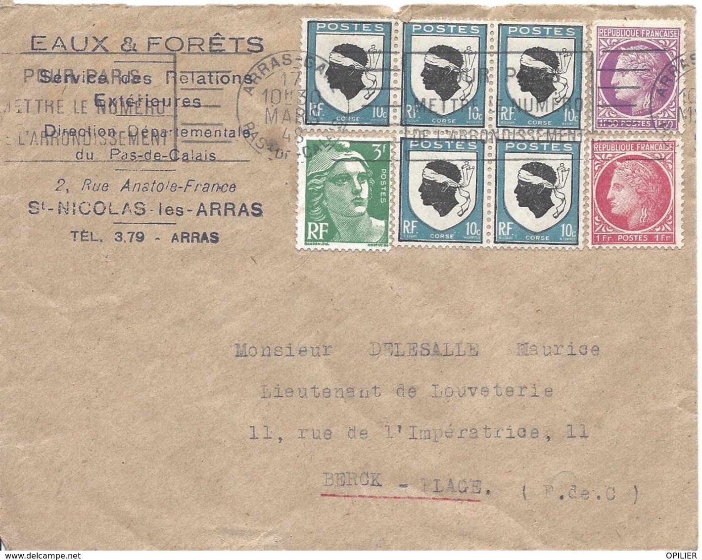 ARRAS GARE 30 Mars 1948 Tarif à 6F Timbres 5 Blason De Corse + 3F Gandon + Cérès Mazelin 1.50F Et 1F - Oblitérations Mécaniques (flammes)