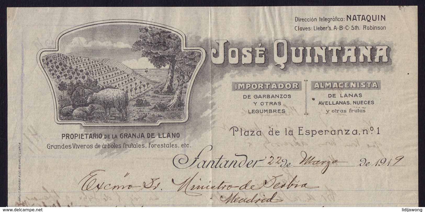 SPAIN - Cantabria - SANTANDER - JOSE QUINTANA -INVOICE RECHNUNG FAKTURA 1919 (see Sales Conditions) - Espagne