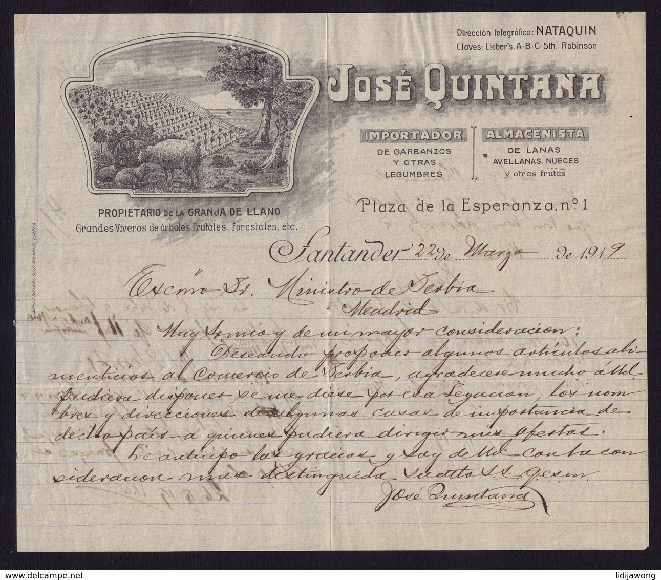 SPAIN - Cantabria - SANTANDER - JOSE QUINTANA -INVOICE RECHNUNG FAKTURA 1919 (see Sales Conditions) - Espagne