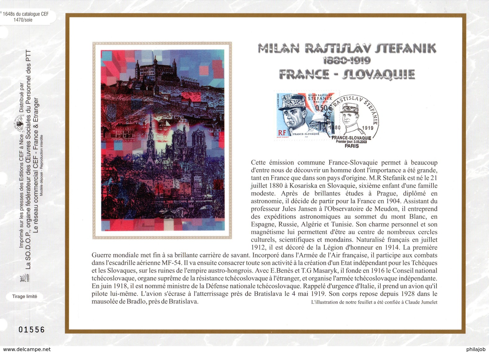 " MILAN RASTISLAV STEFANIK " Sur Feuillet CEF N°té En SOIE De 2003 N° 1648s N°YT 3554 Parfait état FDC - Militaria