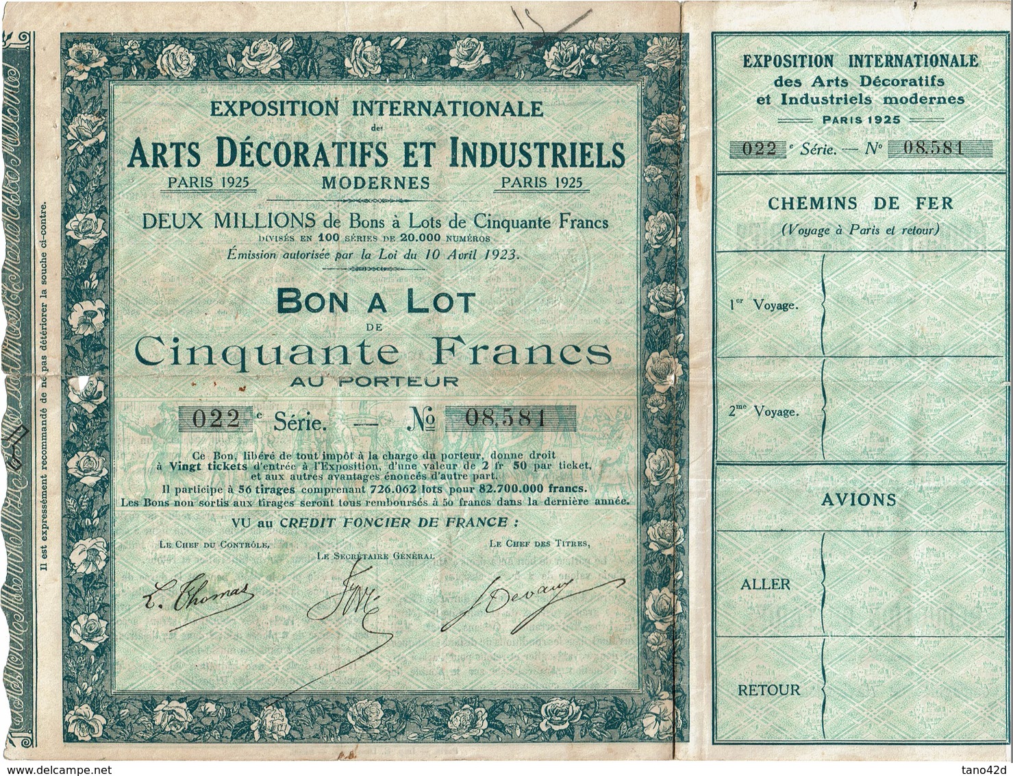 LBR26 - EXPOSITION INTERNATIONALE ARTS DECORATIFS PARIS 1925 BON A LOT N° 08.581 (TICKETS D'ENTREE DETACHES) - A - C