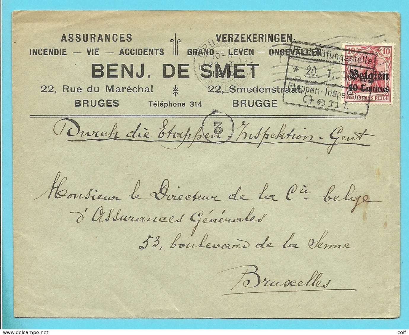 Lettre Germania 14/18 Cachet Etapes GAND - Entete BRUGES / BRUGGE(VK) - OC1/25 Gouvernement Général