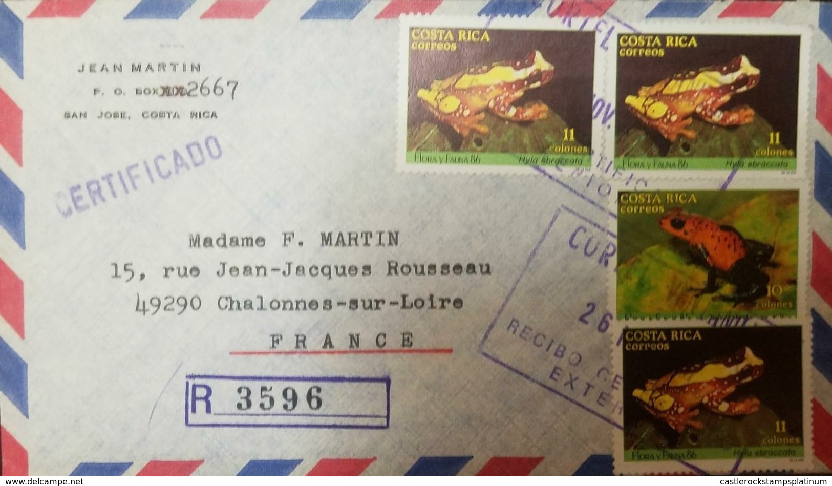 O) 1986 COSTA RICA, FROGS - HYLA EBRACCATA 11col SC 383, DENDROBATES PUMILIO SC 382,RARE ISSUE.  EXTERIOR CERTIFICATE, R - Costa Rica