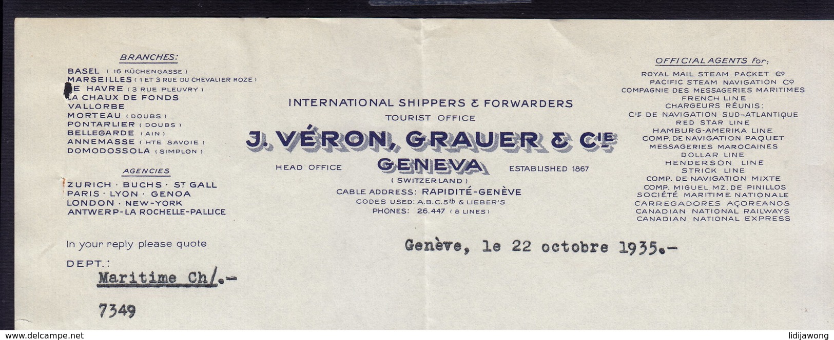 GENEVE - VERON, GRAUER - LETTER INVOICE RECHNUNG FAKTURA 1935 (see Sales Conditions) - Suiza