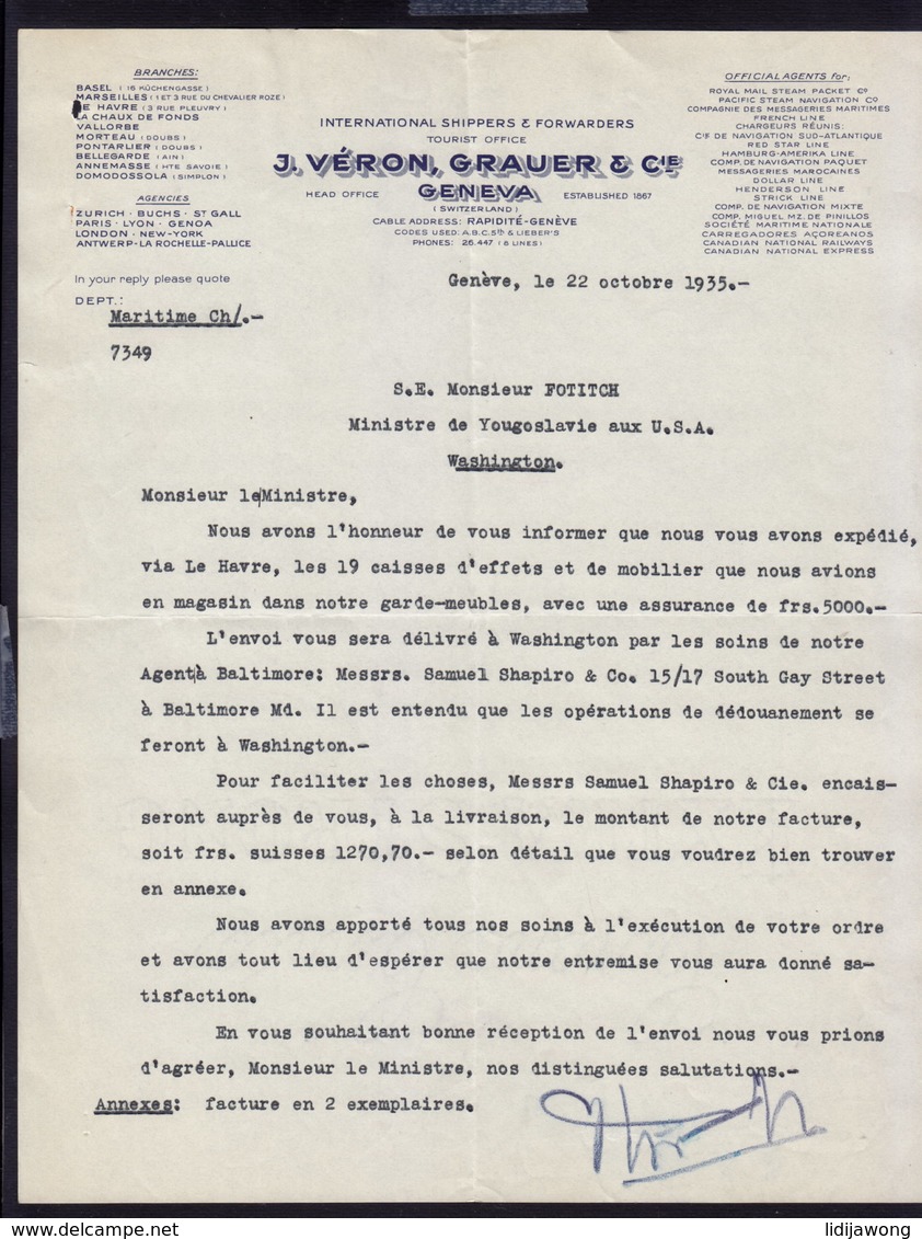 GENEVE - VERON, GRAUER - LETTER INVOICE RECHNUNG FAKTURA 1935 (see Sales Conditions) - Suisse