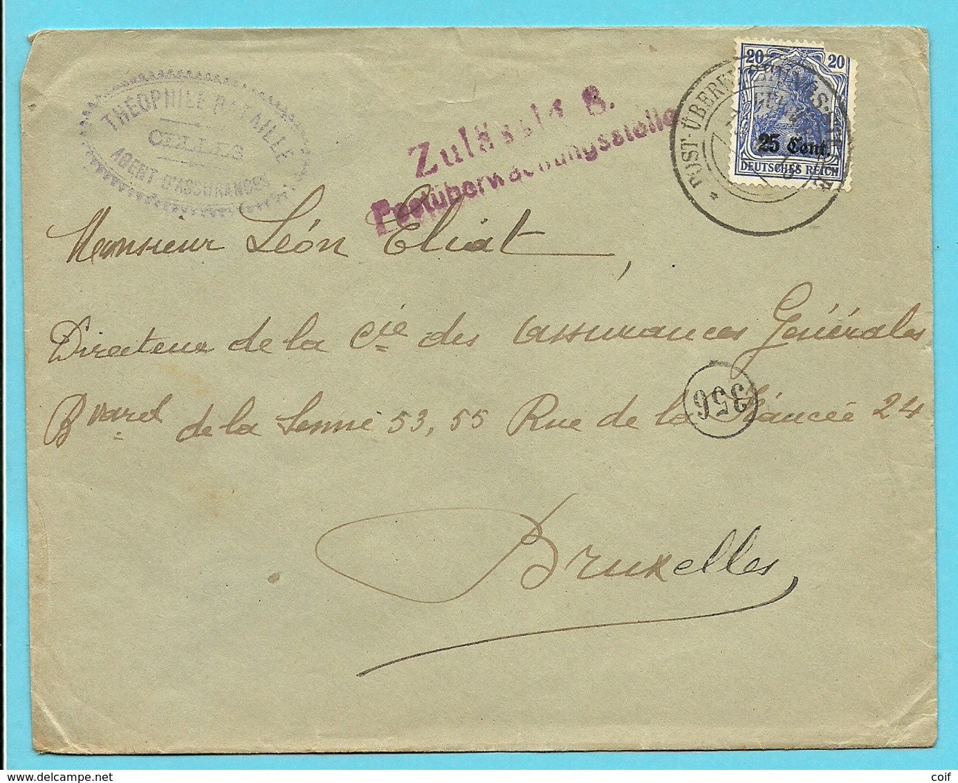 Lettre TP Germania Cachet Post-Überwach..TOURNAI.. Censure Zulässig Post 8° Armee - Entete "CELLES " (VK) - OC1/25 Gouvernement Général