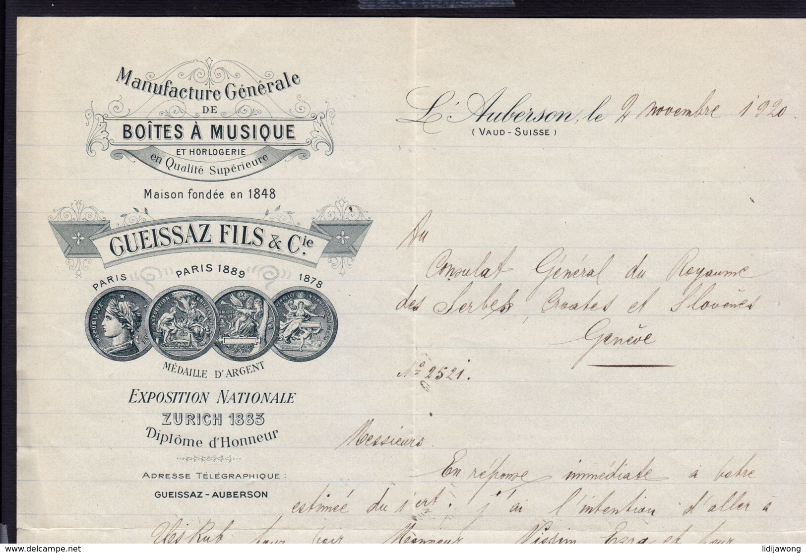 ZURICH - GUEISSAZ FILS - LETTER INVOICE RECHNUNG FAKTURA 1920 (see Sales Conditions) - Suisse