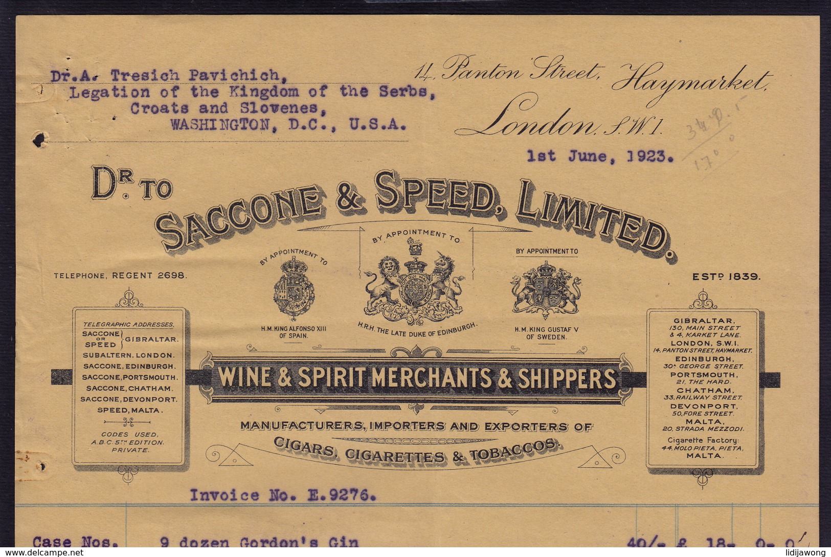LONDON - SACCONE & SPEED - WINE CIGARS CIGARETTES - LETTER INVOICE FAKTURA 1923 (see Sales Conditions) - Royaume-Uni