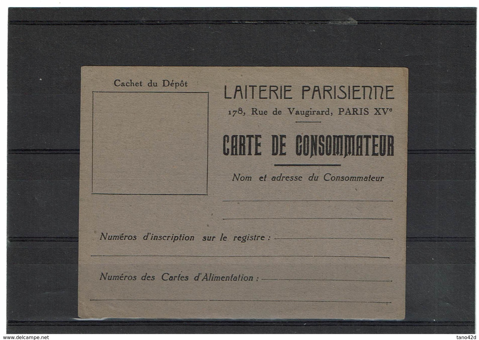 LBR26 - CARTE DE CONSOMMATEUR LAITERIE PARISIENNE PETITE ENTAILLE A DROITE - WW2