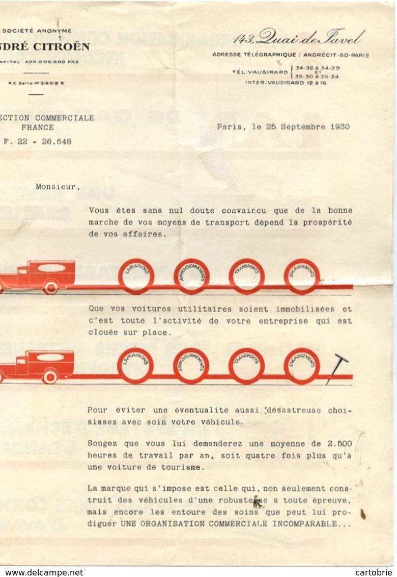 CITROËN - Lettre Publicitaire De 4 Pages - 1930 - Publicité - (3 Scans) - Passenger Cars