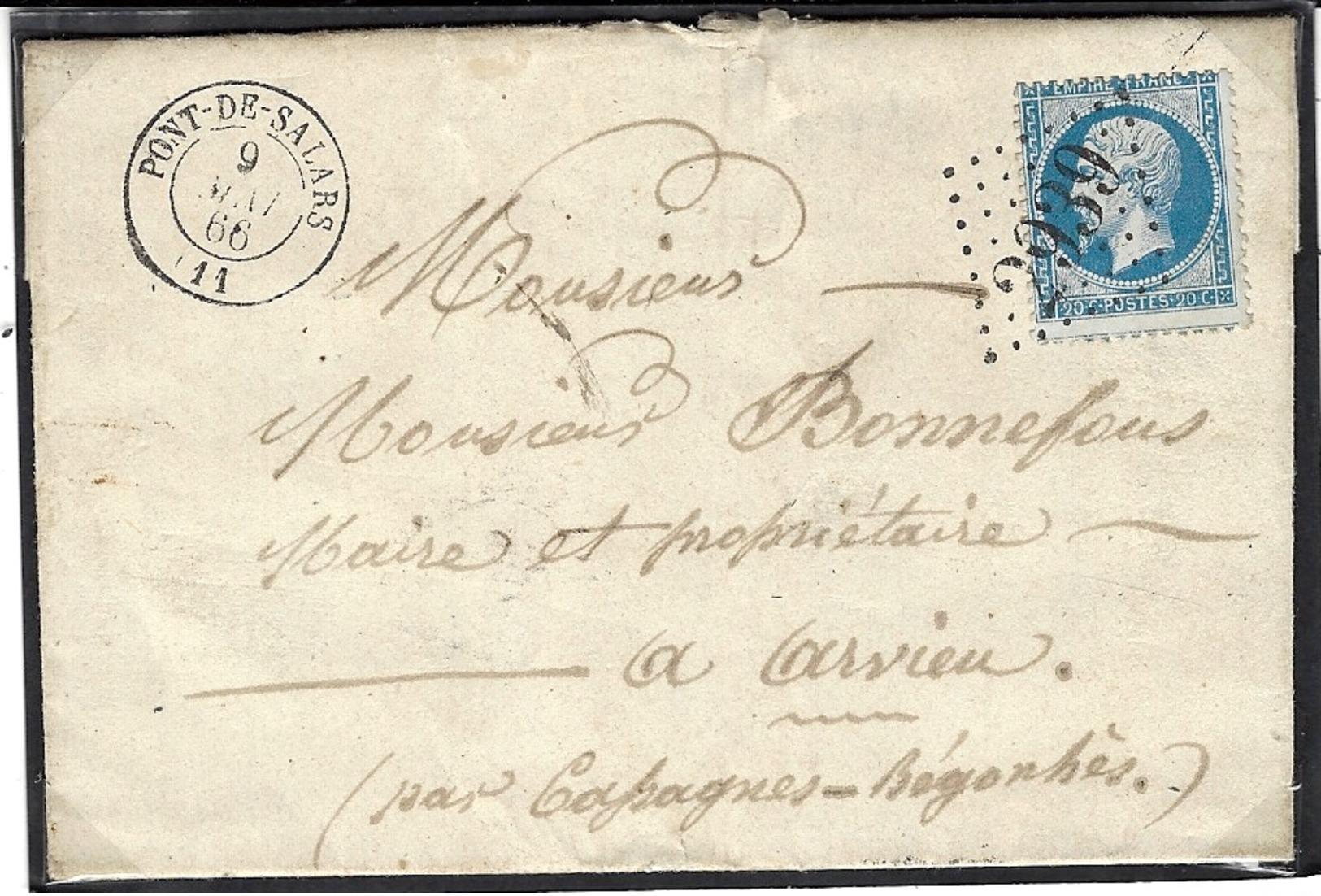 1866- Lettre De PONT-DE-SALARS ( Aveyron ) Cad T15  Affr. N°22 Oblit. G C 2639 - 1849-1876: Klassik