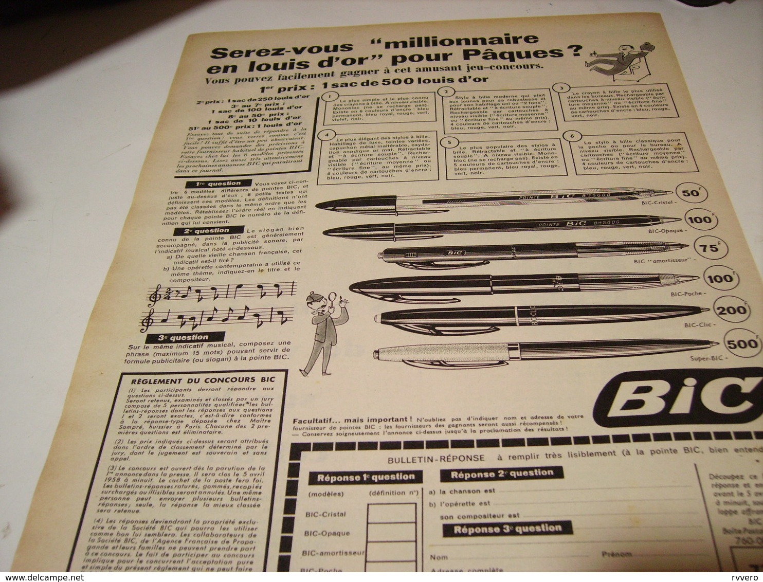 ANCIENNE PUBLICITE MILLIONNAIRE POUR PAQUES  STYLO  BIC 1958 - Publicités