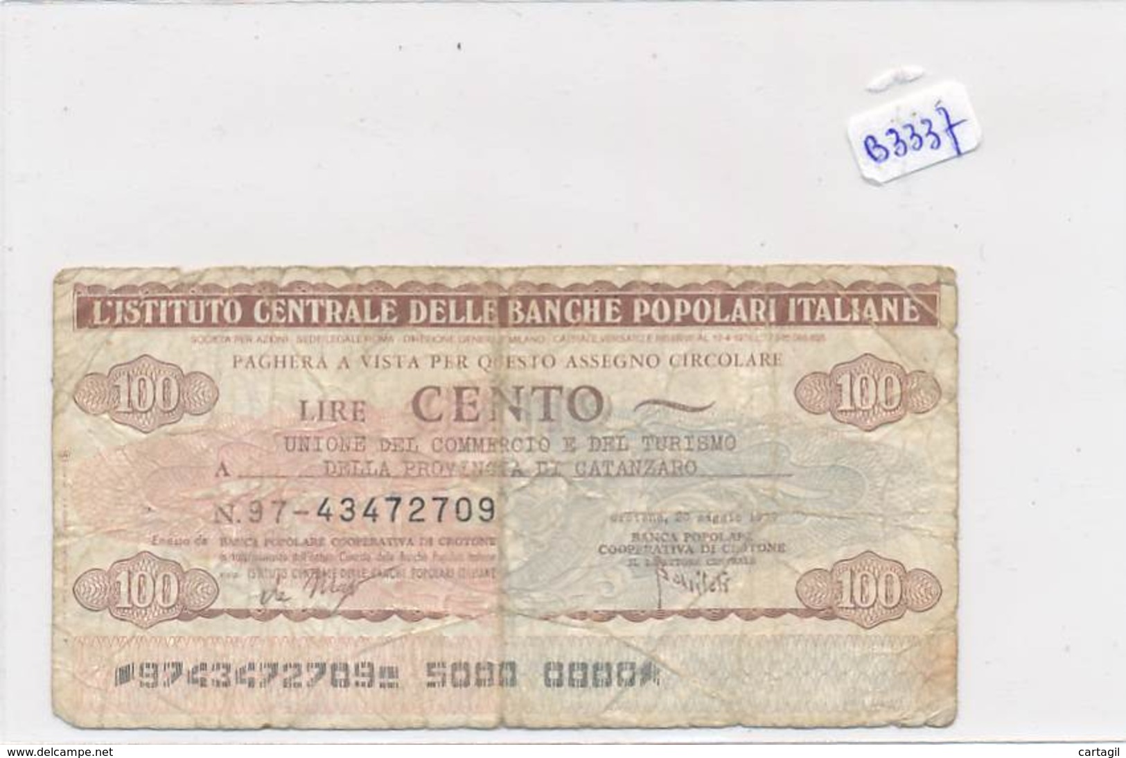 Billet - B3437 - Italie 100 Lire 1977  ( Catégorie,  Nature état ... Se Référer Au Double Scan) - Altri & Non Classificati