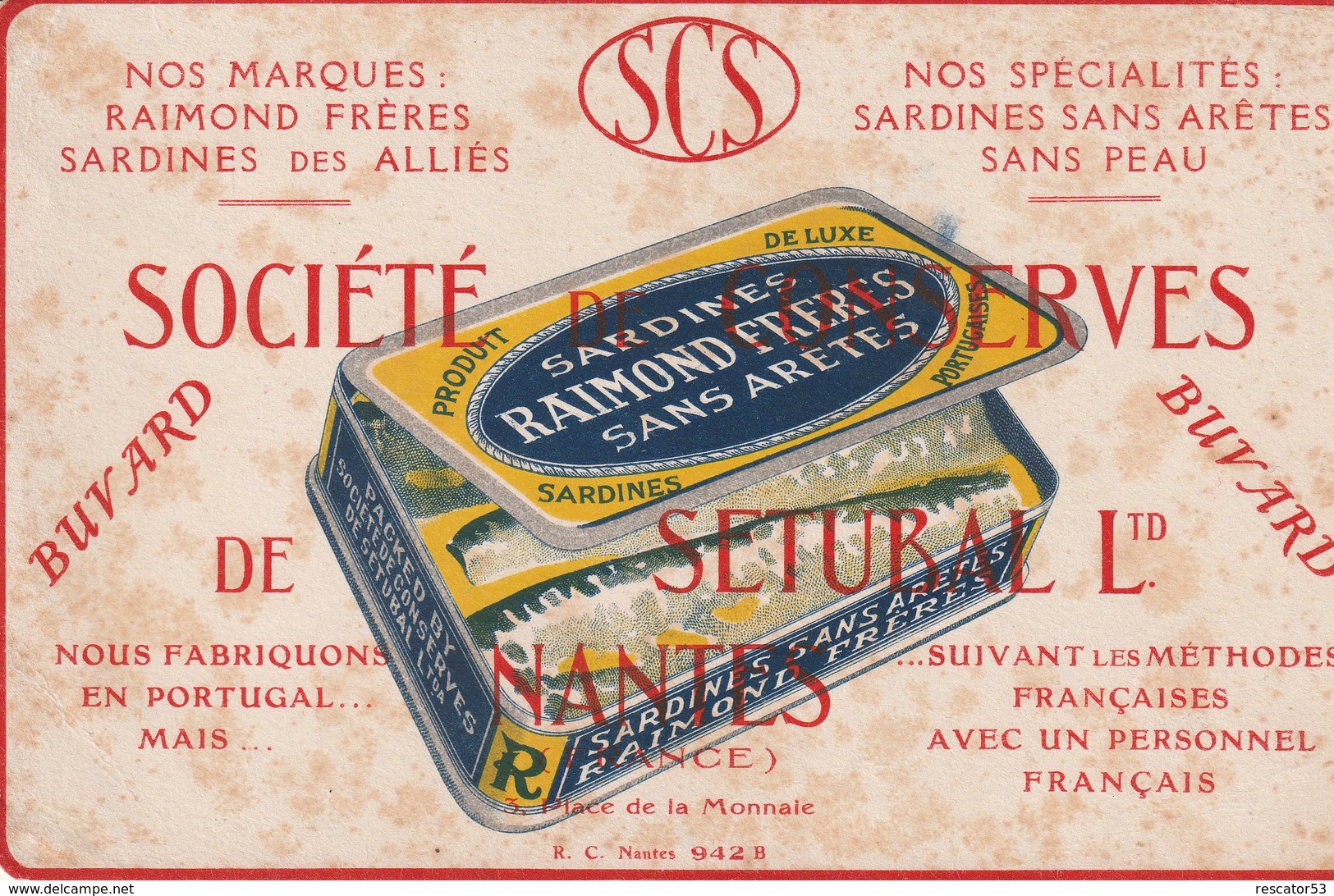 Rare Buvard Société De Conserves De Setubal Nantes Sardines Des Alliés - Food