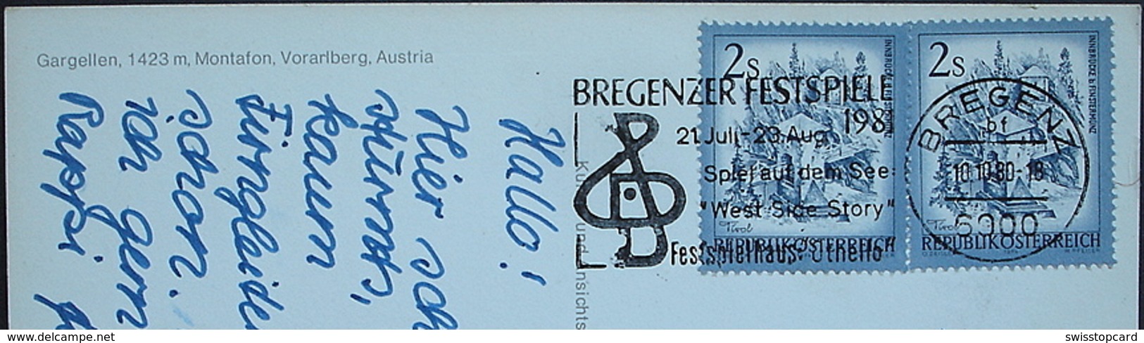 GARGELLEN (St. Gallenkirch) Im Montafon (Vorarlberg) Gel. 1980 V. Bregenz (Stempel Festspiele) - Autres & Non Classés