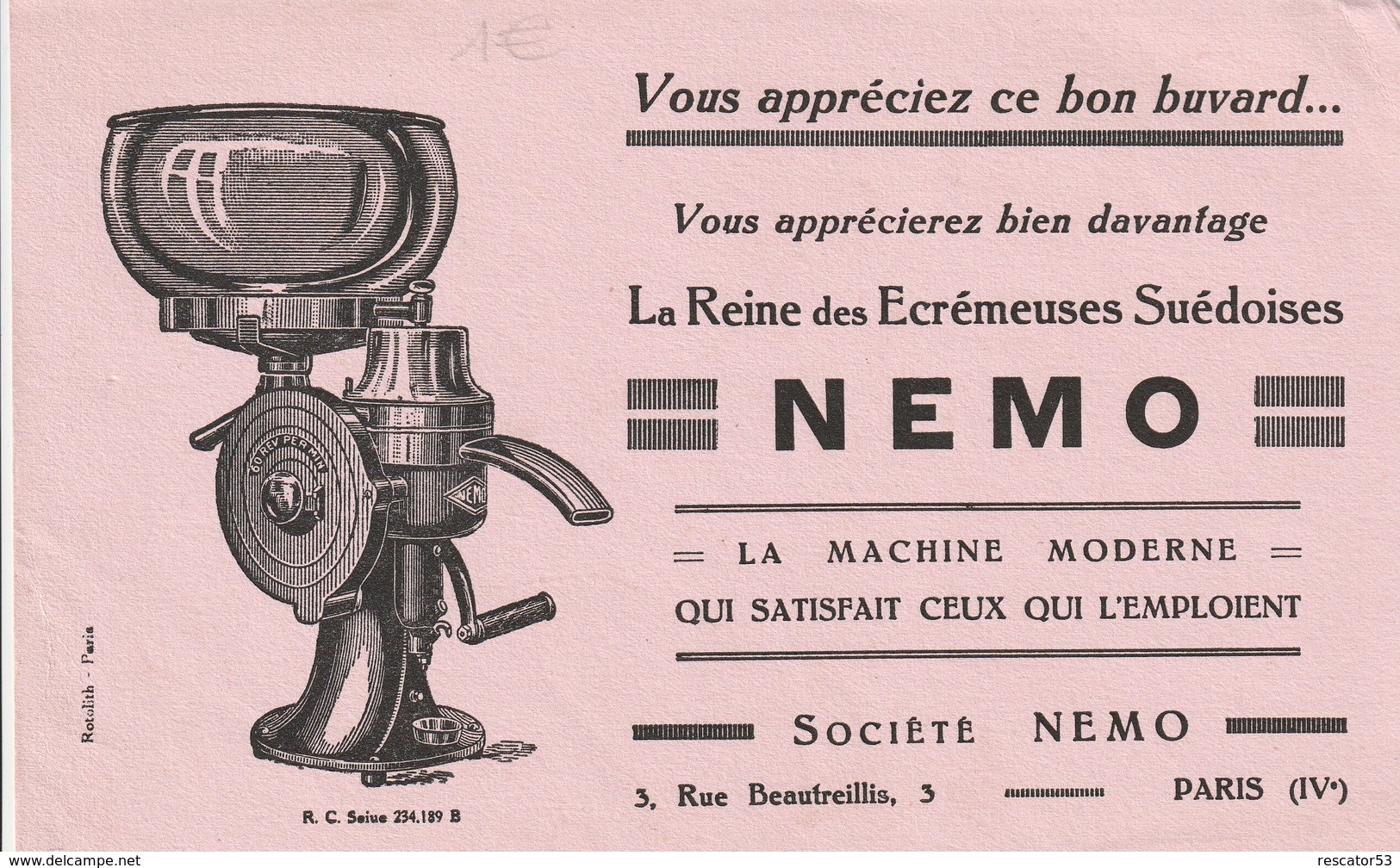 Rare Buvard écremeuses Suedoises Nemo - Autres & Non Classés