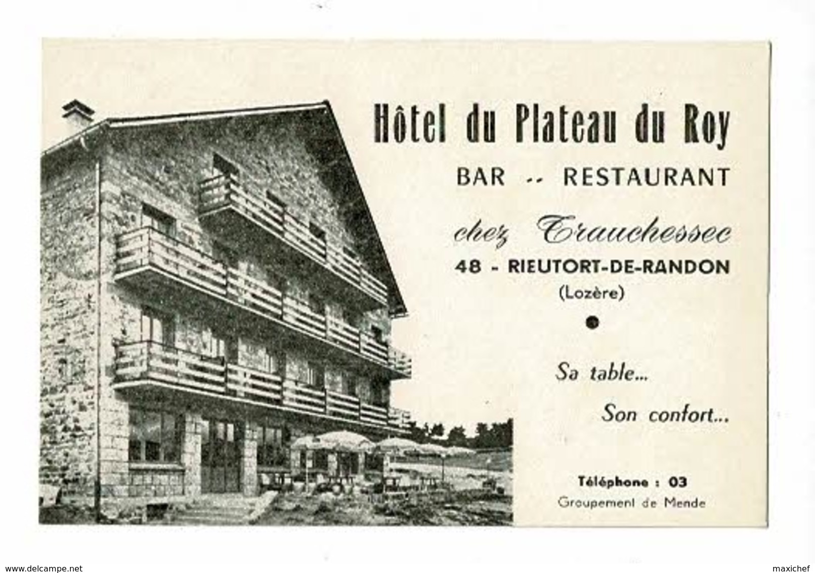 Etiquette (80 X 120 Mm) Hôtel Du Plateau Du Roy, Bar-Restaurant Chez Trauchessec - Rieutort De Randon (48) Plan Illustré - Etiquettes D'hotels