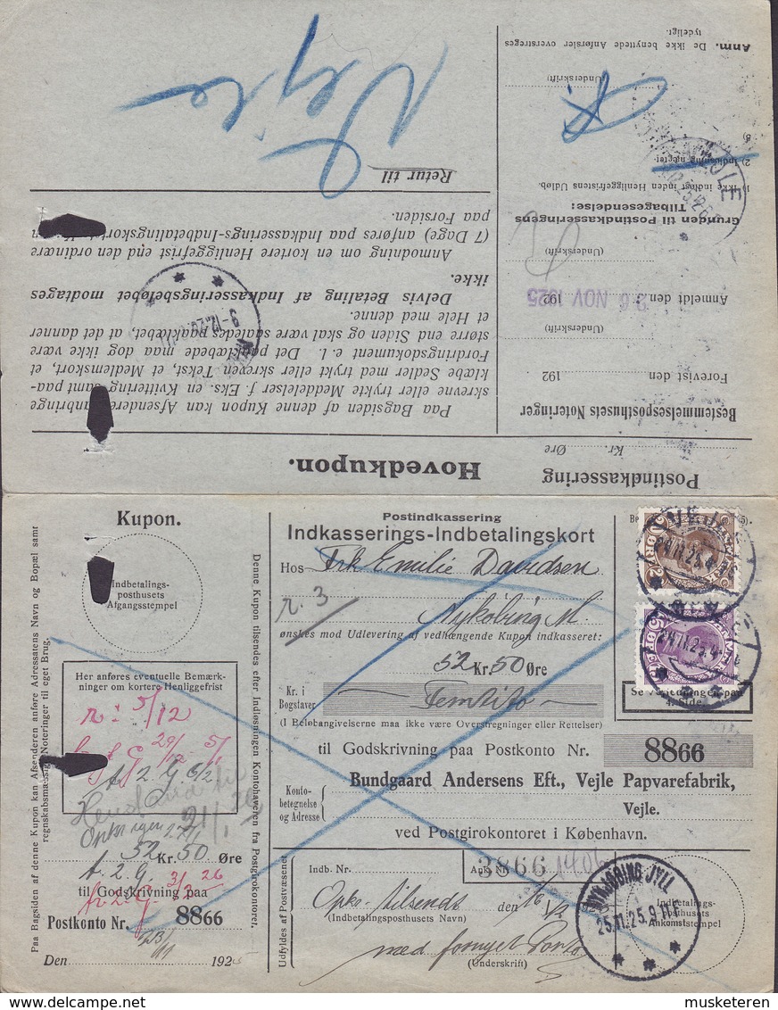 Denmark Indkasserings-Indbetalingskort Postal Collect Card VEJLE PAPIRVAREFABRIK, VEJLE 1925 NYKJØBING JYLL. (2 Scans) - Briefe U. Dokumente