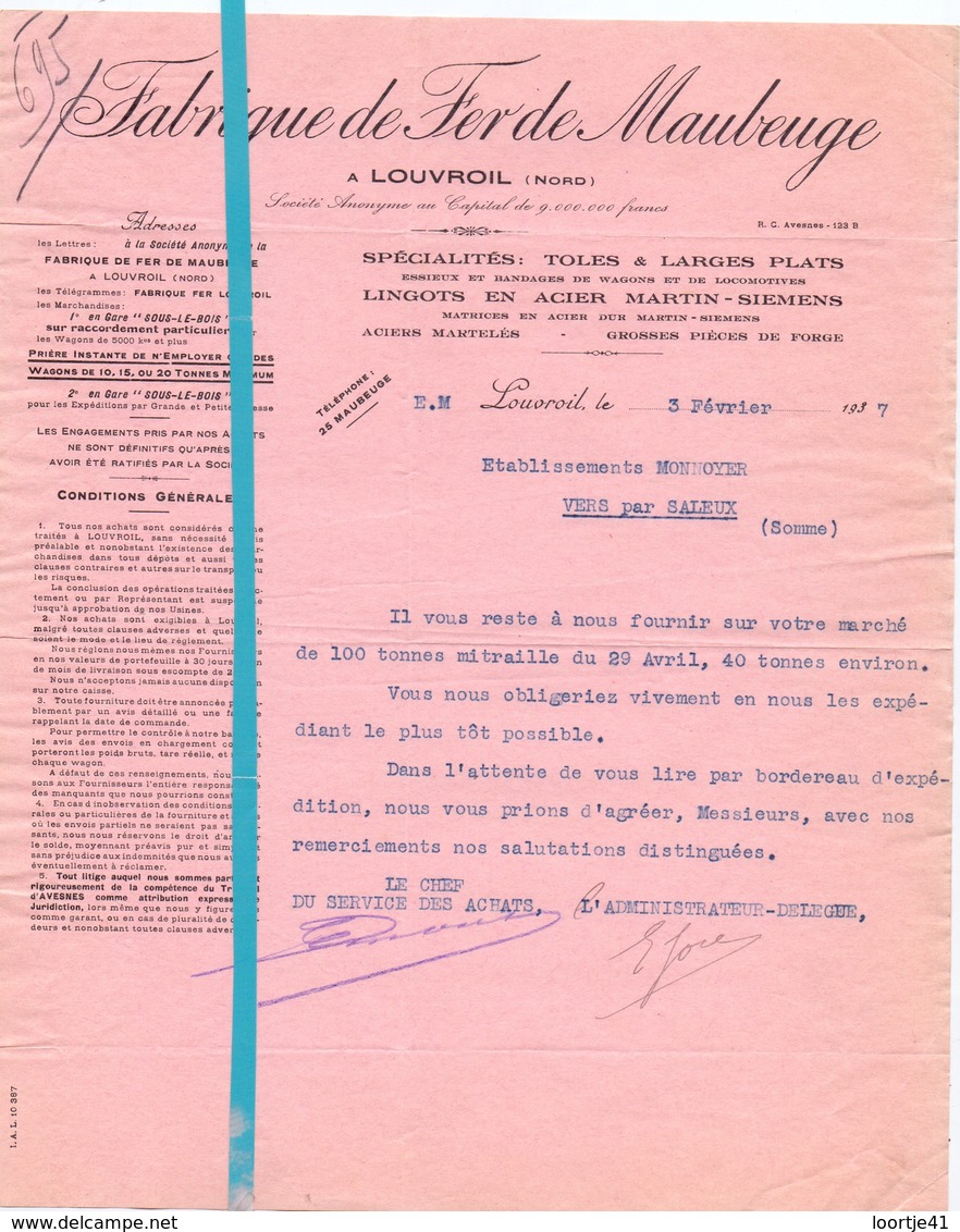 Factuur Facture - Lettre - Fabrique De Fer De Maubeuge à Louvroil - 1937 - Other & Unclassified