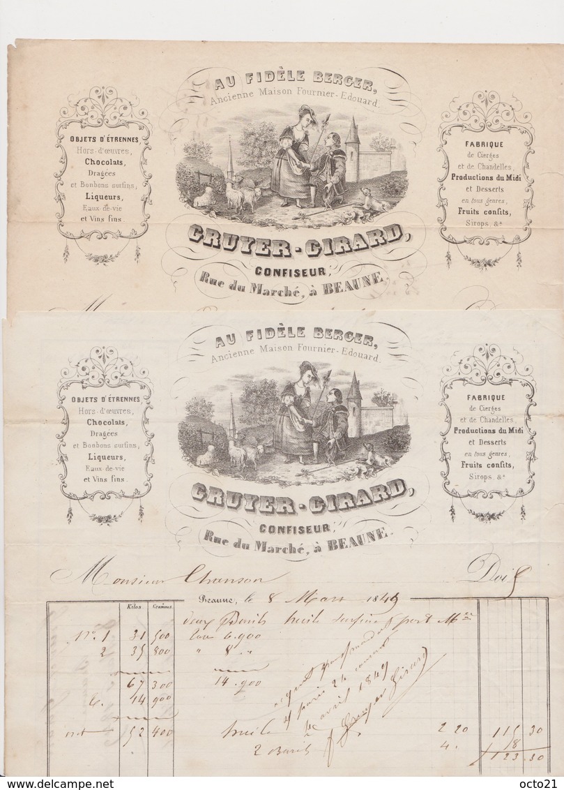 2 Factures 1848-1849 "Au Fidèle Berger" Gruyer -Girard , Confiseur , Rue Du Marché à Beaune - 1800 – 1899