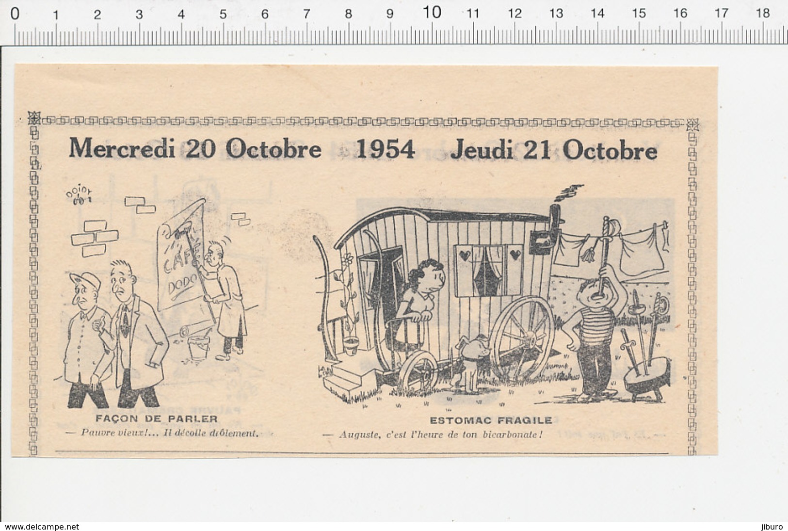 2 Scans 1954 Humour Bicarbonate Avaleur De Sabres Roulotte Forains Publicité Café Pendule Sourcier Crémaillère  223XC - Non Classés