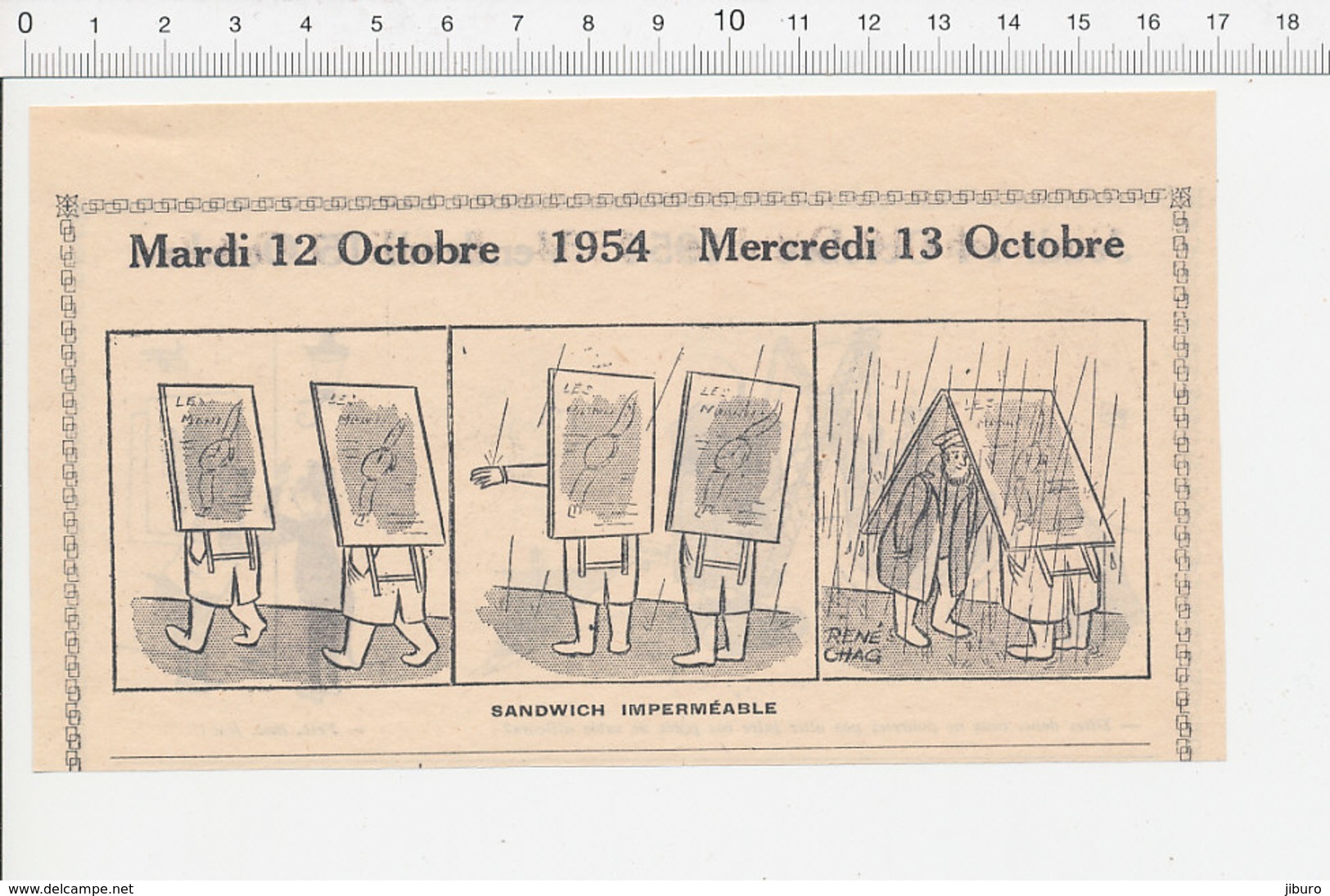 2 Scans 1954 Humour Homme Sandwich Publicité Imperméable Genre Parapluie Engin De Chantier Pelleteuse-grue 223XC - Non Classés