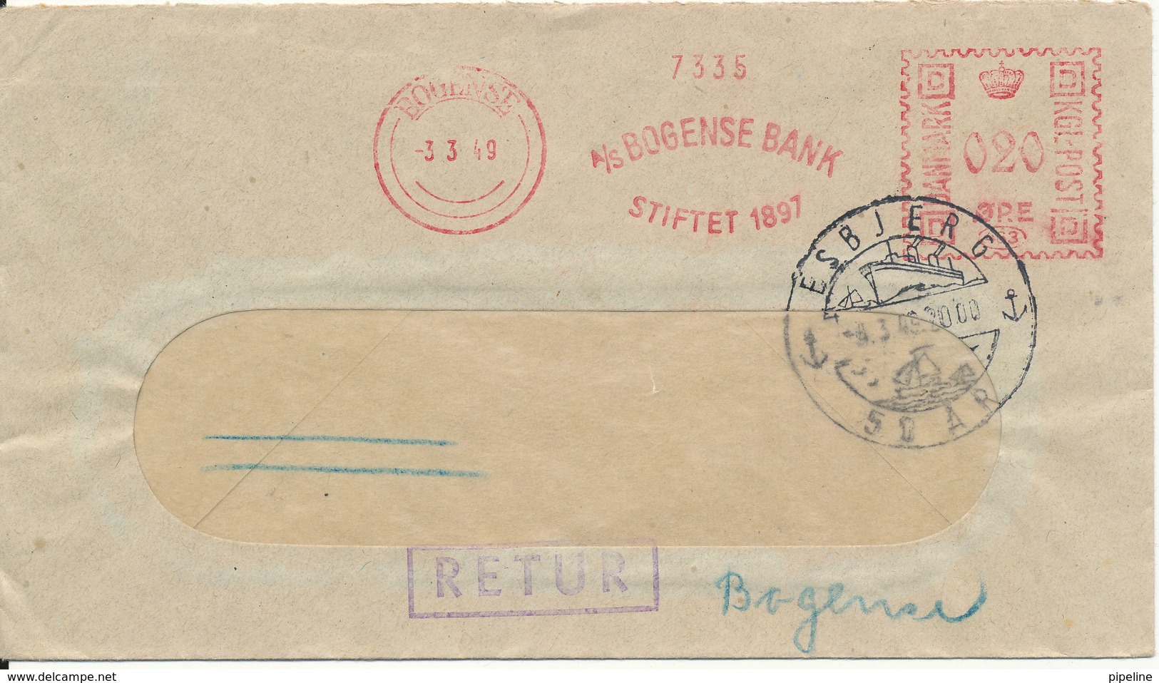 Denmark Postal Stationery Bank Cover  A/S Bogense Bank Sent To Esbjerg 3-3-1949 And Returned - Ganzsachen