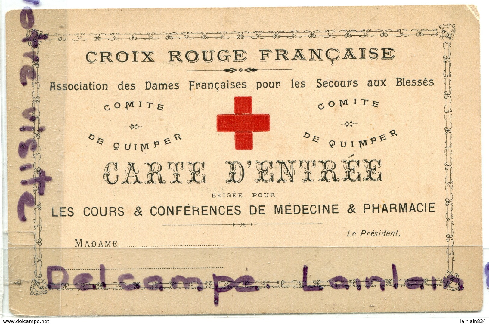 - Militaria - Croix Rouge Française, Carte D'Entrée Vierge, Association Des Dames Française, TBE,  Scans. - Documents