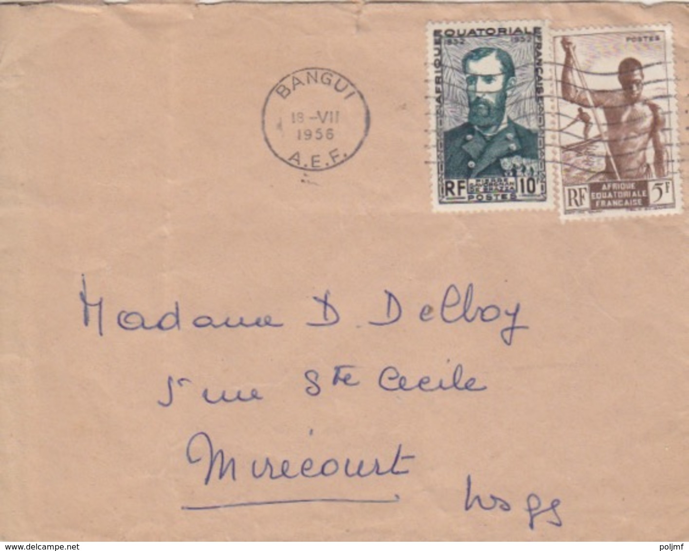 AEF Lettre Par Avion De Bangui Pour Mirecourt Affranchie à 15F (5F + 10F) Le 18 VII 56 Obl Flamme Ondulée - Lettres & Documents