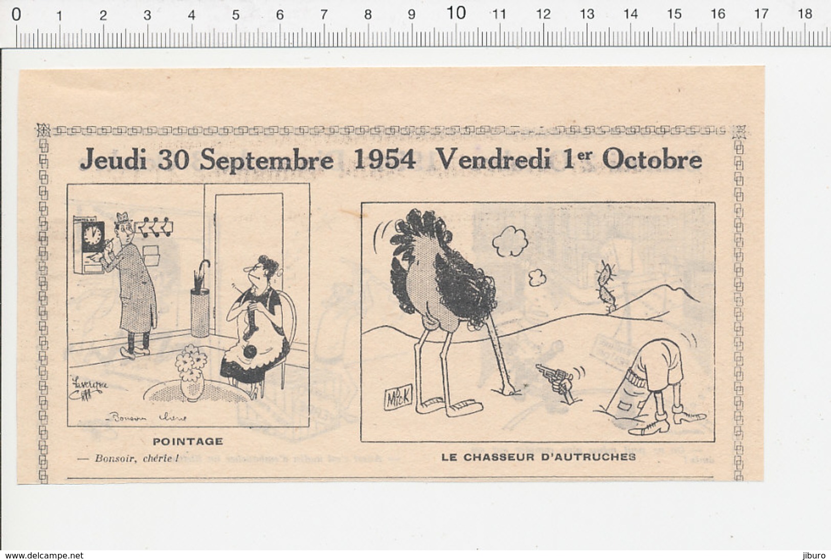 2 Scans 1954 Humour Pointeuse (pas Usine) Chasse Autruche Illettrisme Verres Verrerie Réverbère De Rue Ivrogne 223XC - Non Classés