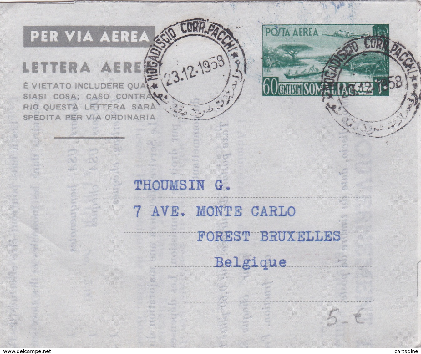 Somalie / Somalia - Entier Postal Lettre Aérienne - Lettera Aerea - 1958 - Somalie (1960-...)