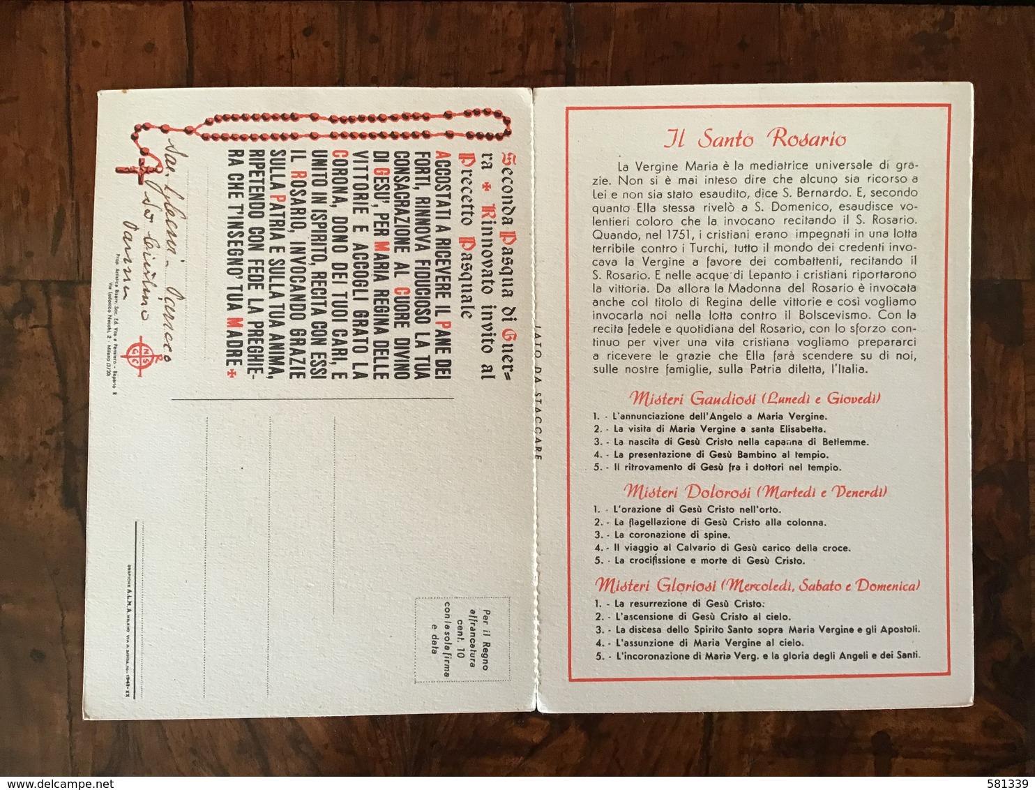 SANTINO - Holy Card 1942 - MADONNA Di POMPEI , Preghiera 2a Pasqua Guerra - Santini